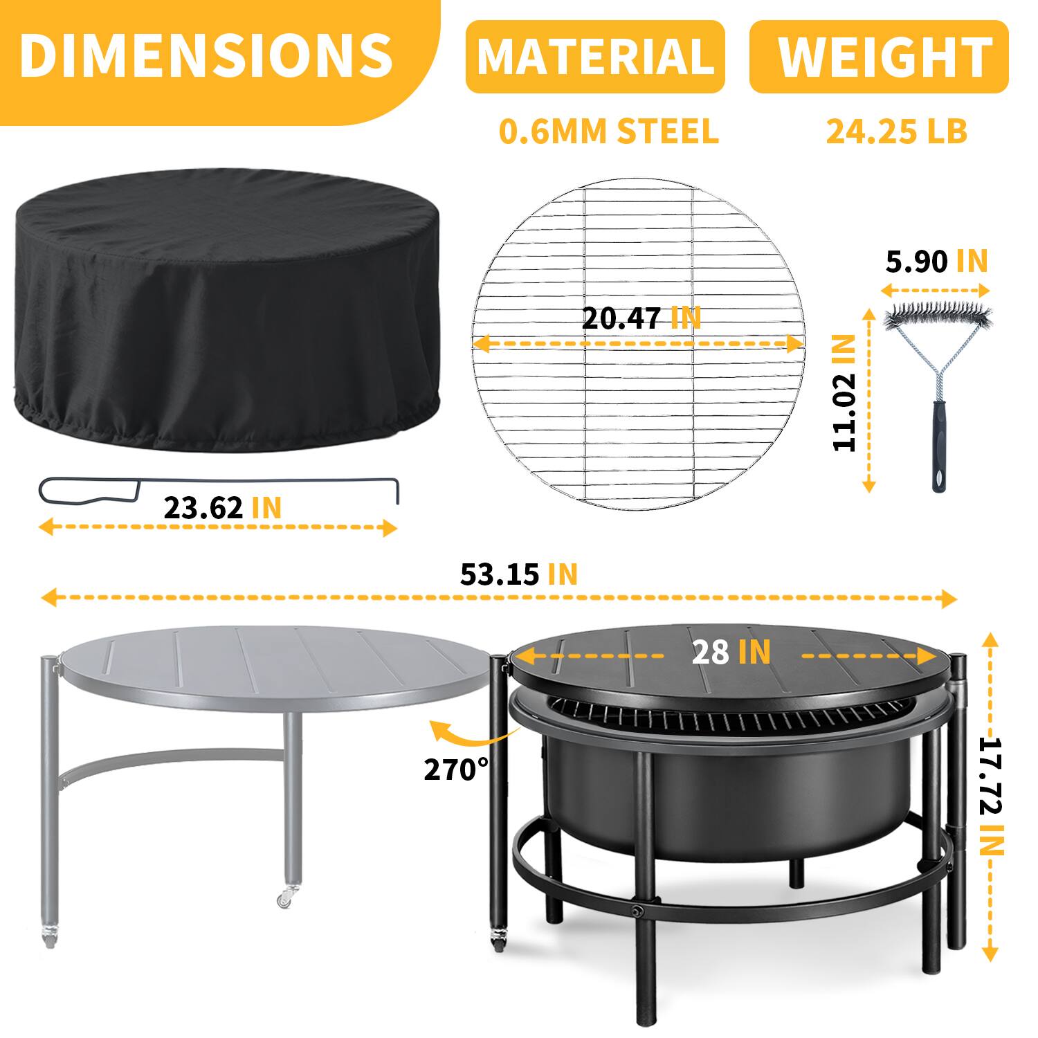 DIMENSIONS  
- 23.62 IN  
- 20.47 IN  
- 11.02 IN  
- 53.15 IN  
- 28 IN  
- 17.72 IN  

MATERIAL  
- 0.6MM STEEL  

WEIGHT  
- 24.25 LB
