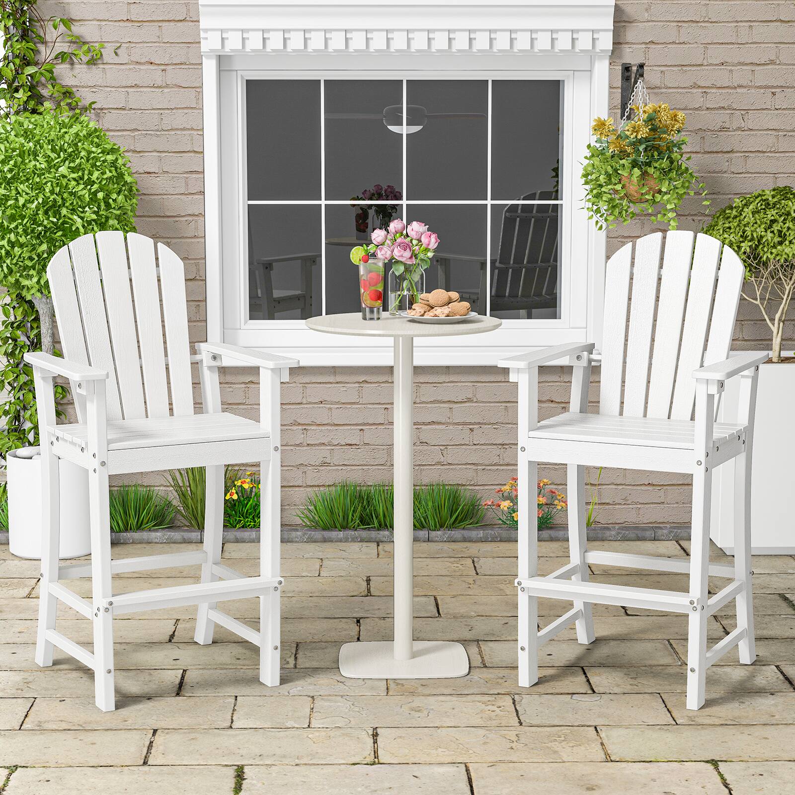 Alt View 1. Gymax - Gymax 2PCS Outdoor HDPE Bar Height Stool Patio Tall Chair Armrest Footrest All Weather - White.