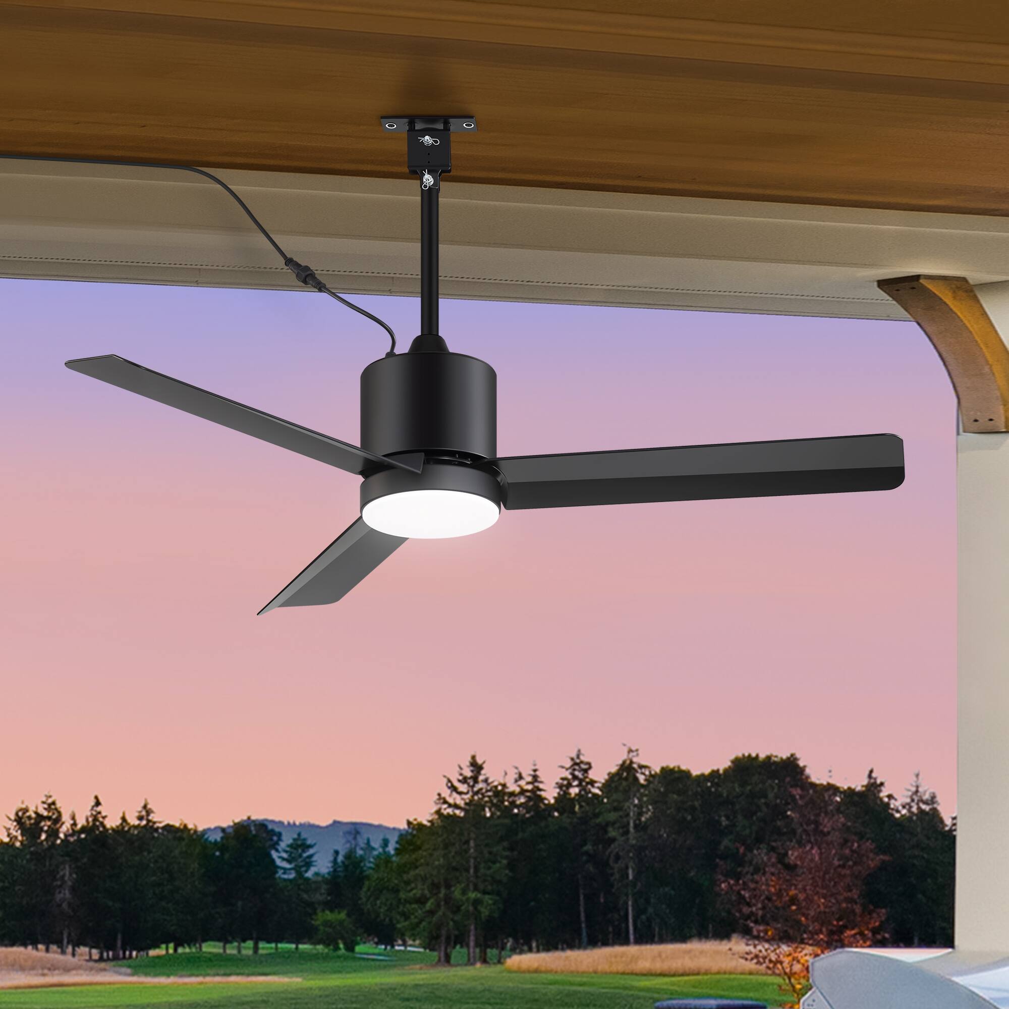 Angle. Breezary - 42-Inch Waterproof Ceiling Fan with LED Light, 3 ABS Blades, DC Motor, 6-Speed Remote, 1/4/8h Timer, Tri-Color Dimmable - 42-Inch Matte Black Ceiling Fan.