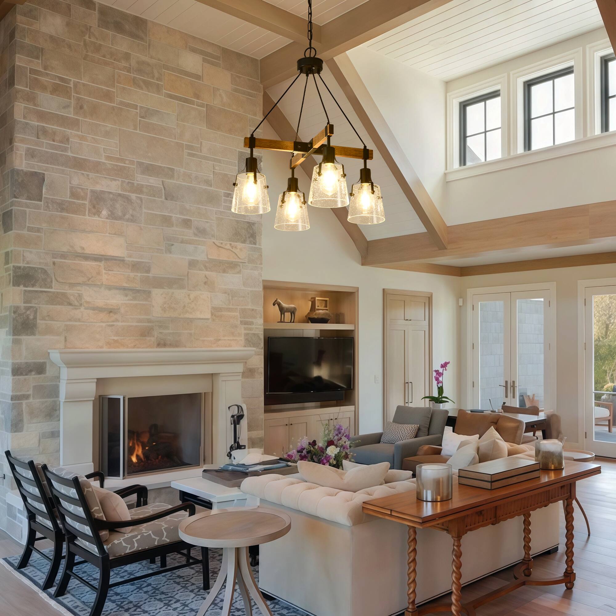 Angle. RYHNUYNE - 4 Light Farmhouse Chandelier 22.83in Rustic Pendant Light Fixture with Seeded Glass Shades, Wood Chandeliers.