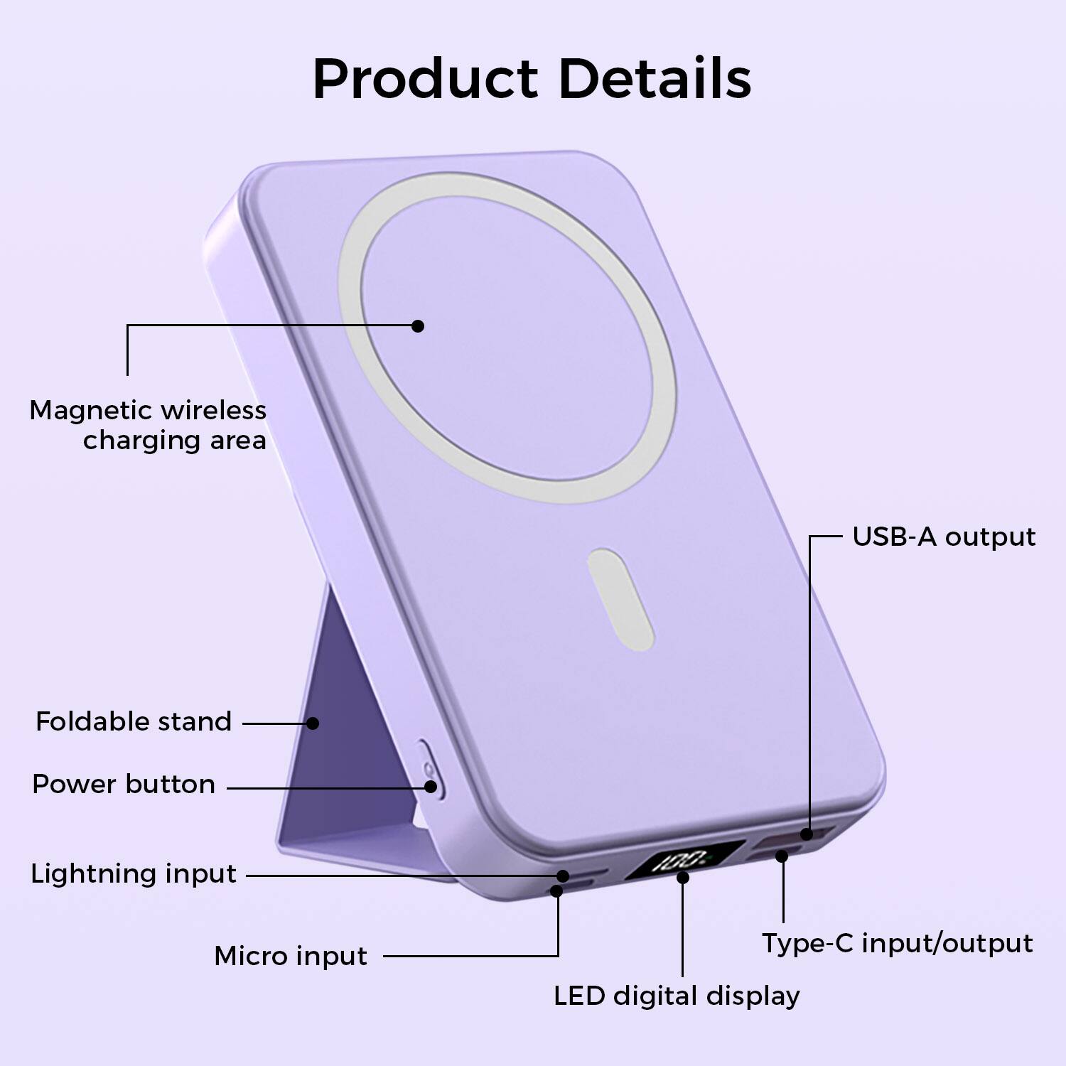 Product Details

Magnetic wireless charging area
USB-A output
Foldable stand
Power button
Lightning input
Micro input
Type-C input/output
LED digital display