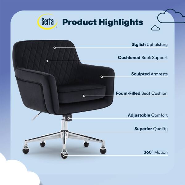 Serta Product Highlights: Stylish Upholstery, Cushioned Back Support, Sculpted Armrests, Foam-Filled Seat Cushion, Adjustable Comfort, Superior Quality, 360° Motion