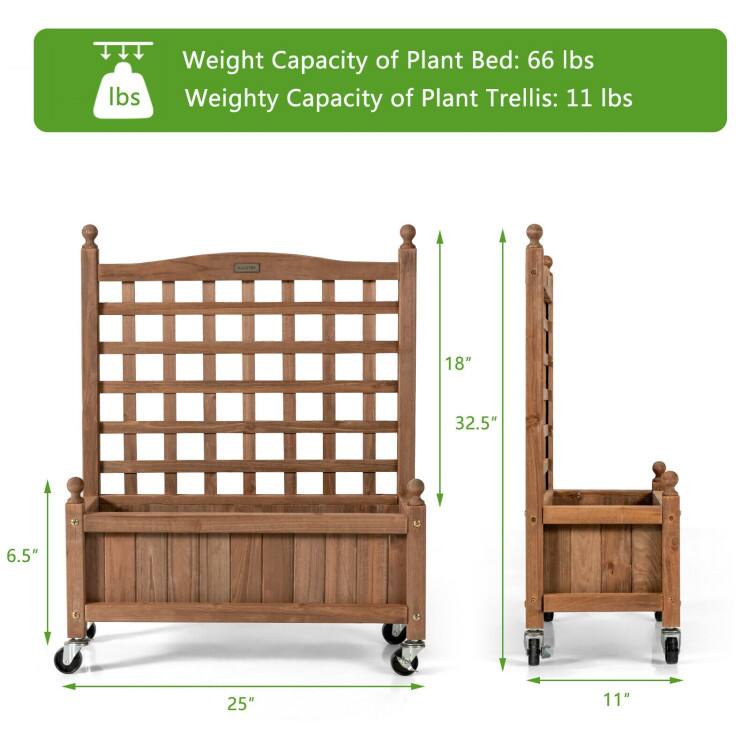Weight Capacity of Plant Bed: 66 lbs  
Weight Capacity of Plant Trellis: 11 lbs  

Dimensions:  
- Height: 32.5"  
- Width: 25"  
- Depth: 11"  
- Side Height: 18"  
- Side Depth: 6.5"