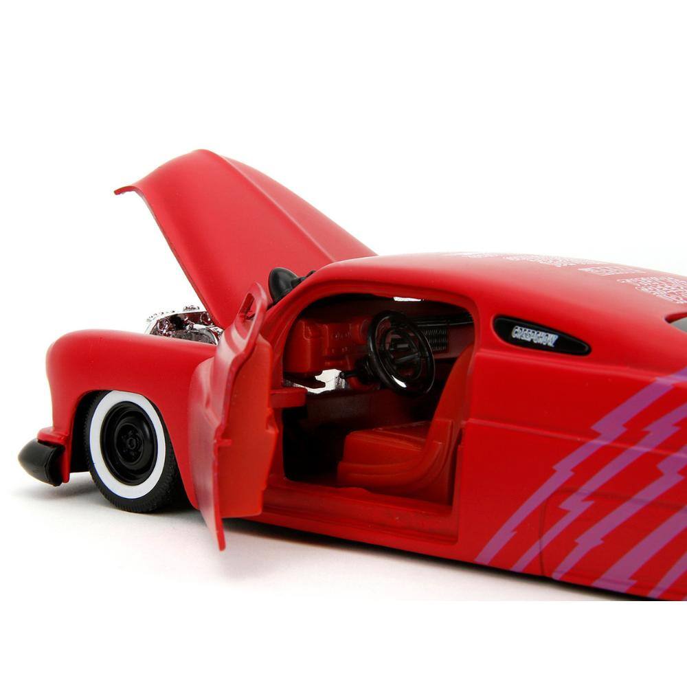 Left. Jada - 1951 Mercury Matt Red with Purple Stripes & Creep Diecast Figure "Creepshow" (1982) Movie "Hollywood Rides" Series 1/24 - Matt Red with Purple Stripes.