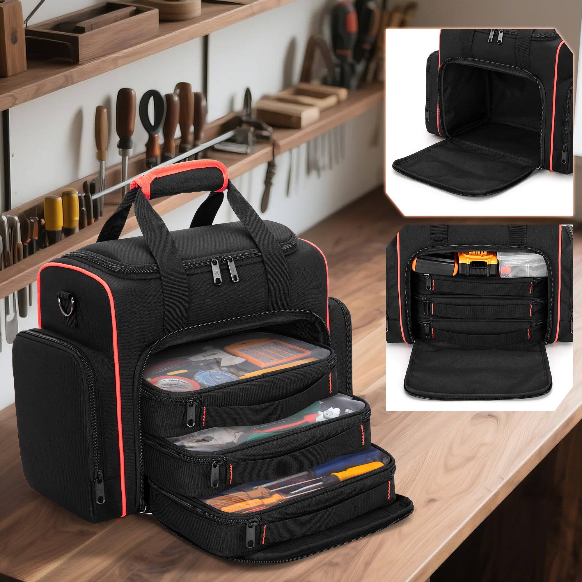 Left. Fabibe - Tool Bag With 3 Removable Cases 2 Layers Tote For Hand Tools Black Red Binding - HEAVY DUTY FABRIC Made of heavy duty... - Black with Red Binding.