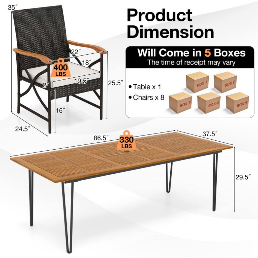 35" 22" 18" 400 LBS 19.5" 2" 16" 25.5" 24.5" 86.5" 330 LBS 37.5" 29.5"  
Product Dimension Will Come in 5 Boxes  
The time of receipt may vary  
Table x 1  
Chairs x 8