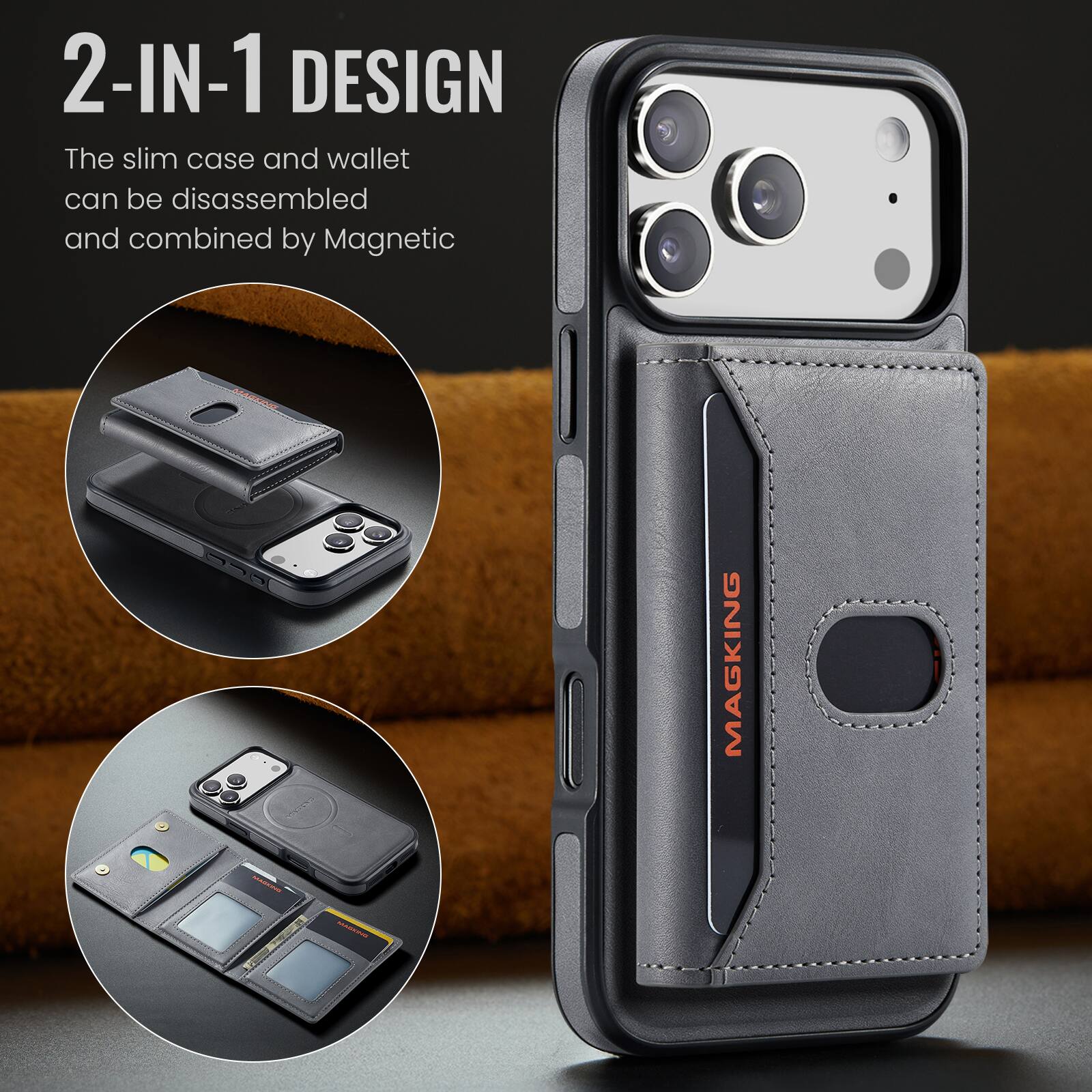 2-IN-1 DESIGN  
The slim case and wallet can be disassembled and combined by Magnetic  

INSTACADADA  
MARING  
MAGKING