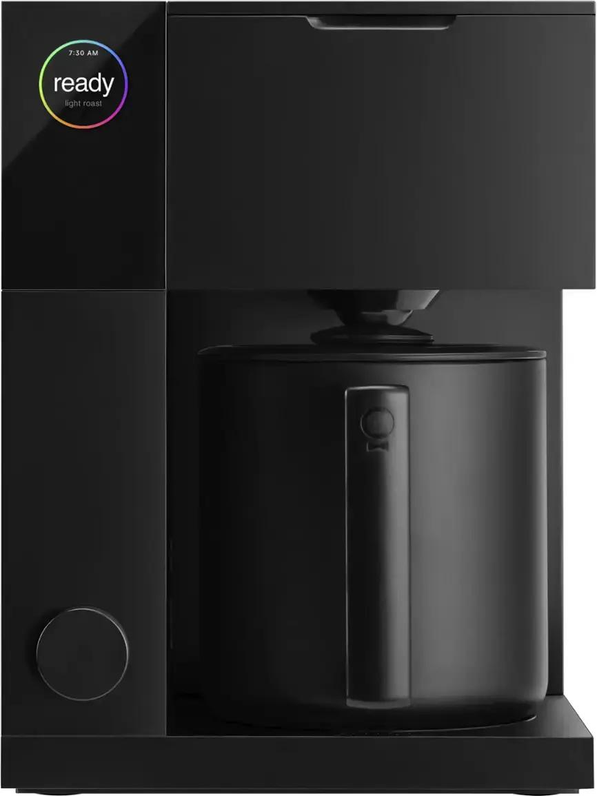 The text on the image reads "7:30 AM ready light roast." This suggests that the coffee maker is ready to brew a light roast coffee at 7:30 in the morning.