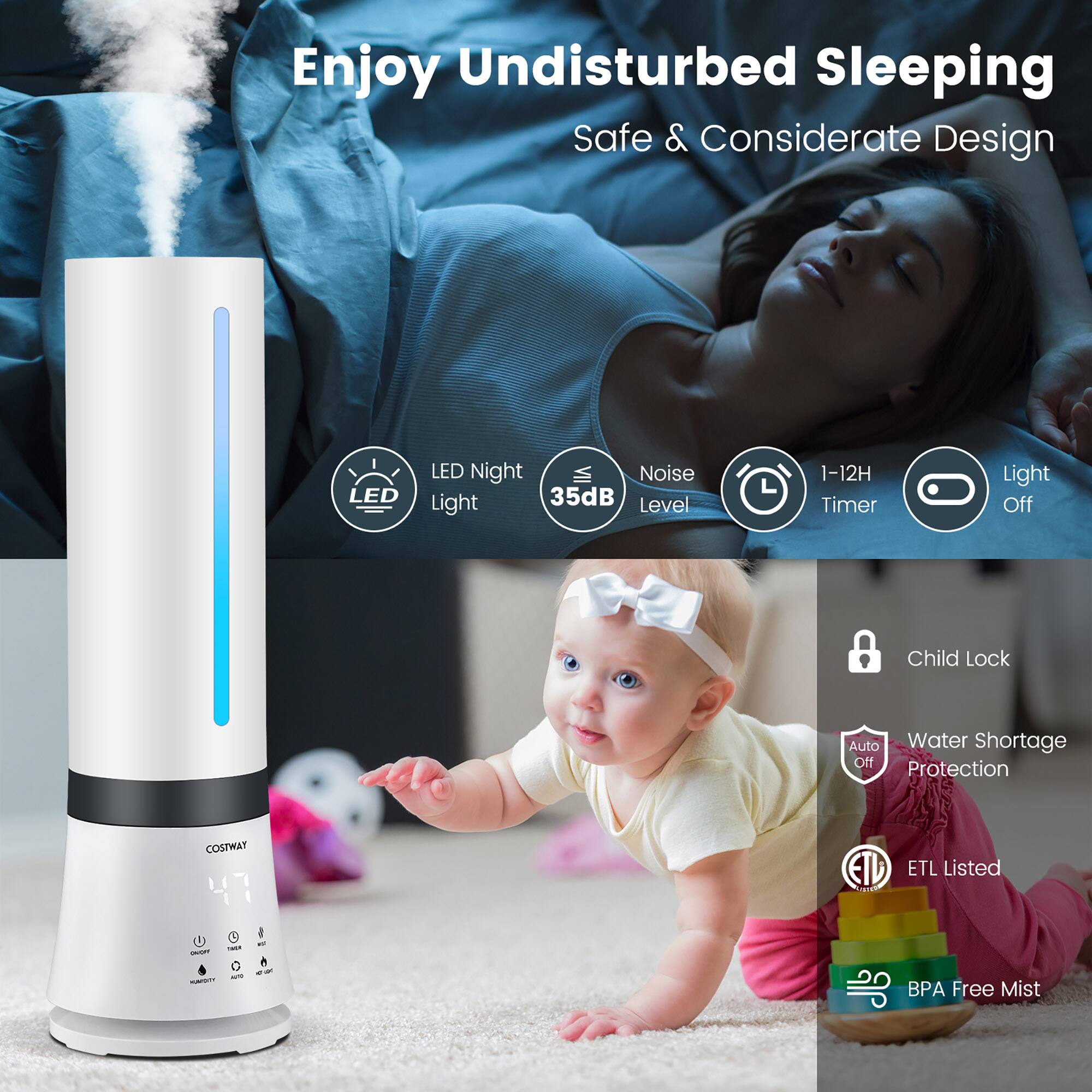 Enjoy Undisturbed Sleeping with a Safe & Considerate Design. The LED Night Light provides a soft glow with a noise level of 35dB, ensuring a comfortable sleeping environment. The 1-12H Timer allows you to set the duration of the light, while the Child Lock feature ensures the safety of your child. The device also offers protection against water shortage and is ETL Listed for quality assurance. The LED Night Light is BPA Free and MNY o A - - ETD ETL Listed, ensuring a safe and effective sleeping experience.