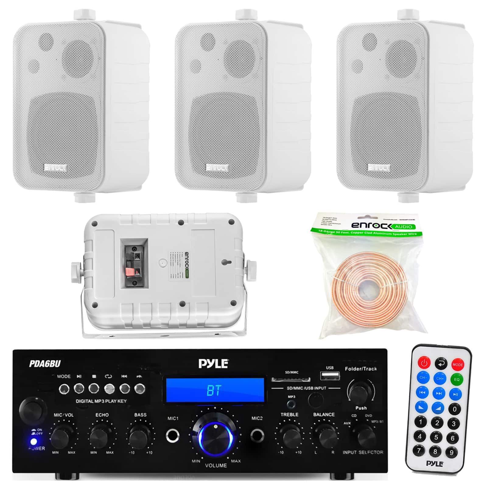 Enrock - Pyle PDA6BU 200-Watt 2-Channel Digital USB/AUX AM/FM Radio Receiver, 4x 4" 200-Watt 3-Way White Box Speakers w/Wire
