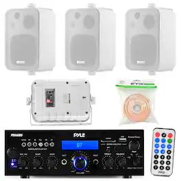 Enrock - Pyle PDA6BU 200-Watt 2-Channel Digital USB/AUX AM/FM Radio Receiver, 4x 4" 200-Watt 3-Way White Box Speakers w/Wire