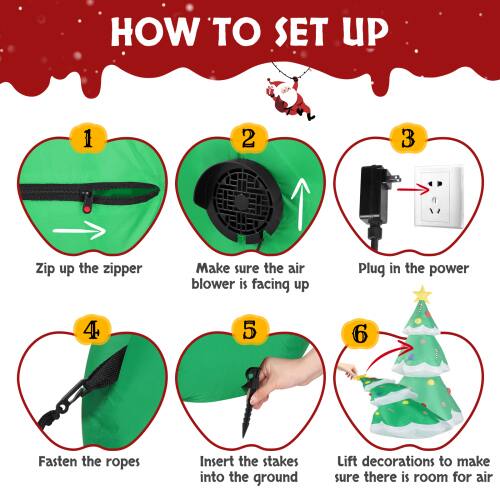 Sure, here is the corrected and grouped text:

---

**HOW TO SET UP**

1. Zip up the zipper
2. Make sure the air blower is facing up
3. Plug in the power
4. Fasten the ropes
5. Insert the stakes into the ground
6. Lift decorations to make sure there is room for air

---