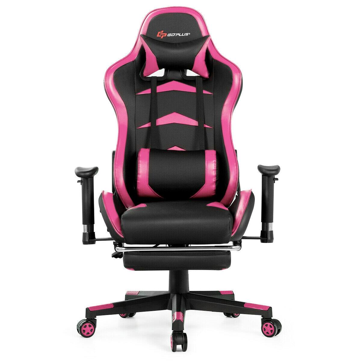 Back. WELLFOR - Massage Gaming Chair with Lumbar Support & Footrest - Pink.