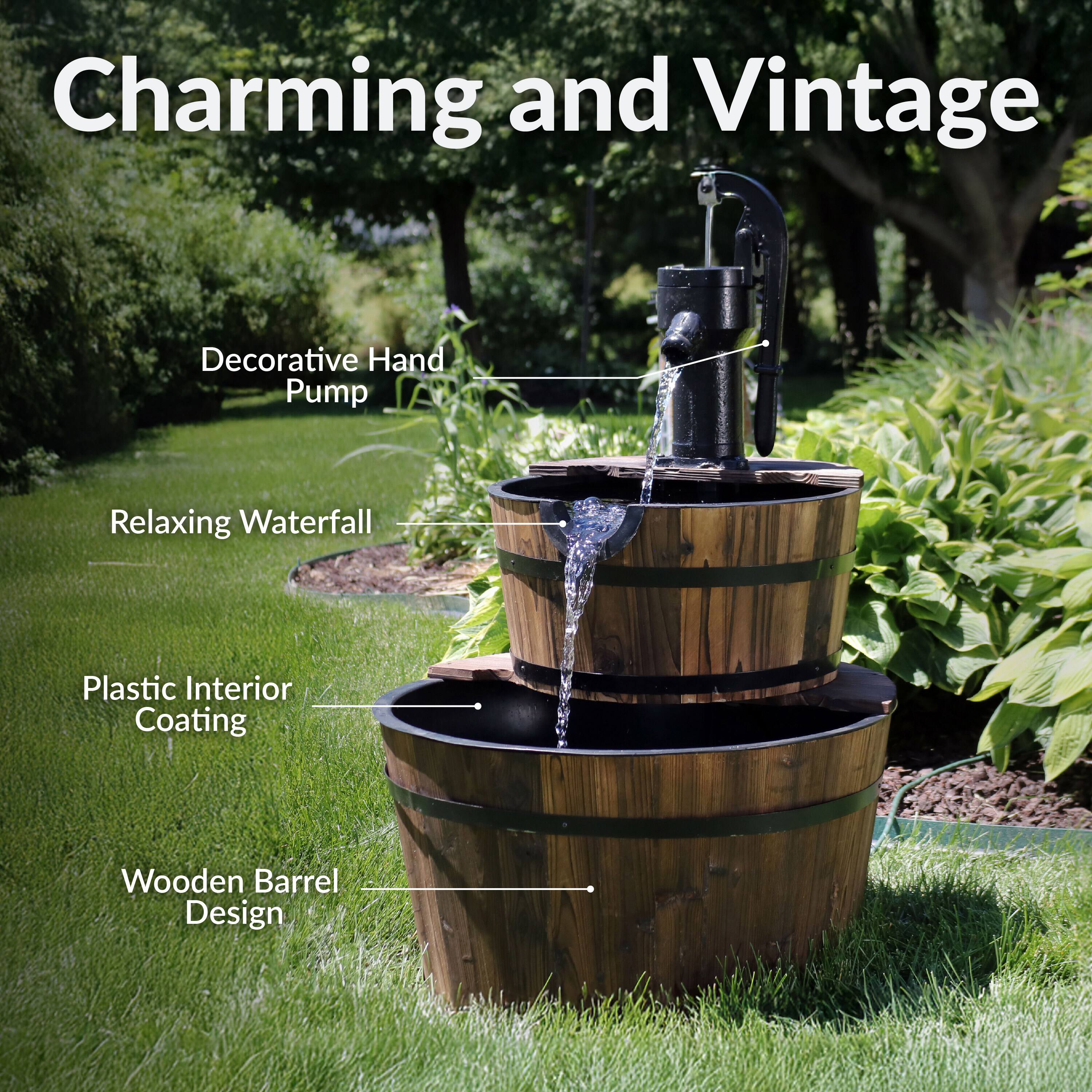 Charming and Vintage Decorative Hand Pump Relaxing Waterfall Plastic Interior Coating Wooden Barrel Design