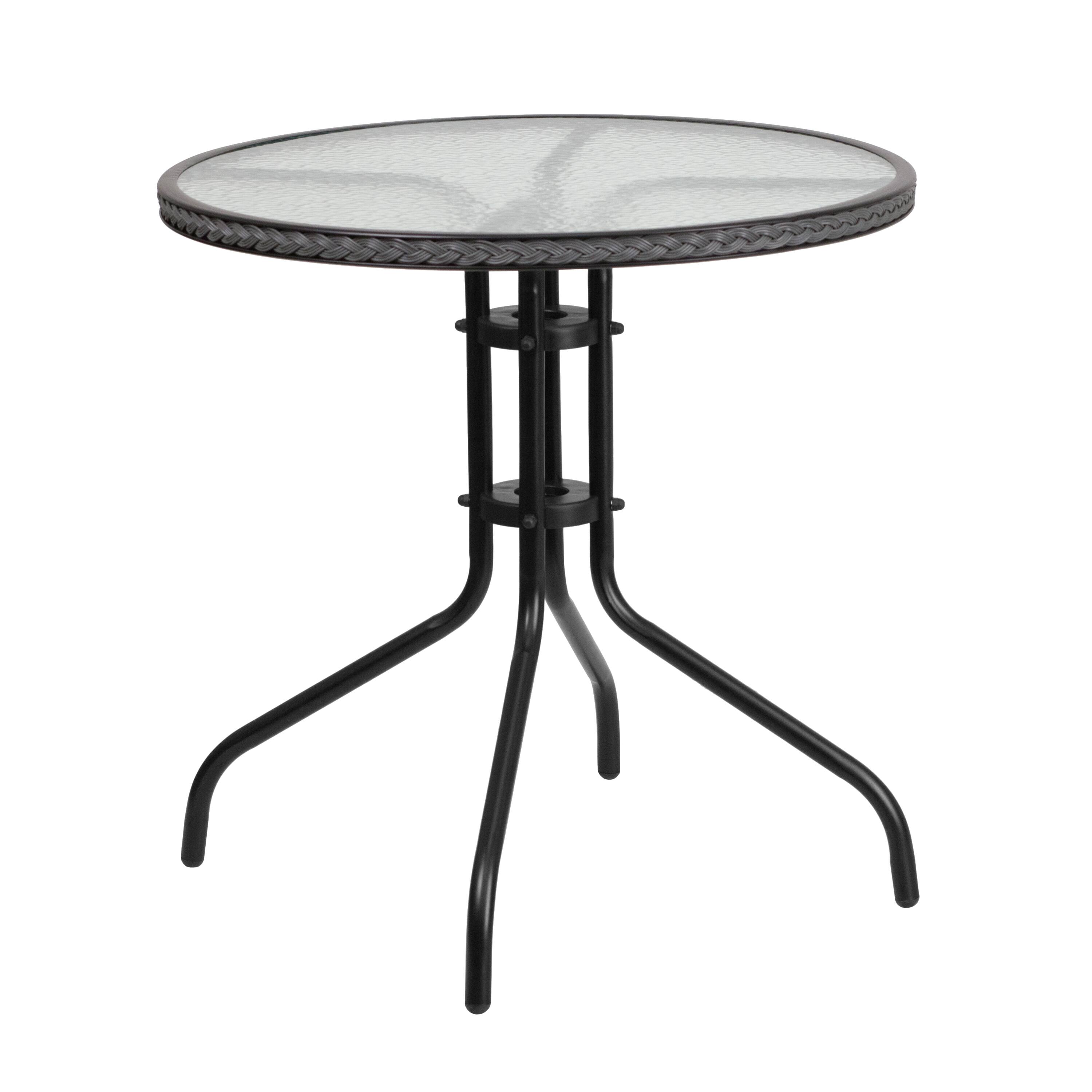 Front. Emma + Oliver - 28" Round Tempered Glass Metal Table with Rattan Edging - Clear Top/Gray Frame.