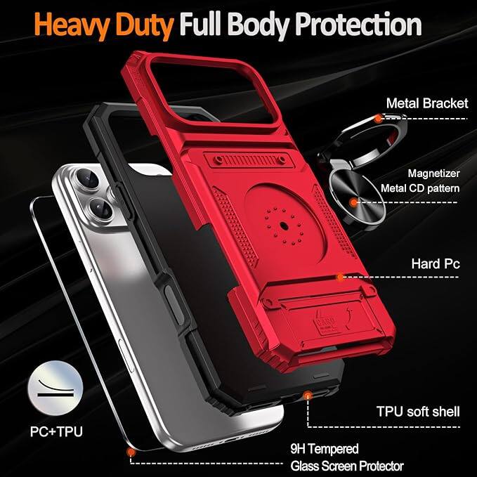 Heavy Duty Full Body Protection

- Metal Bracket
- Magnetizer
- Metal CD pattern
- Hard Pc
- TPU soft shell
- 9H Tempered Glass Screen Protector
- PC+TPU