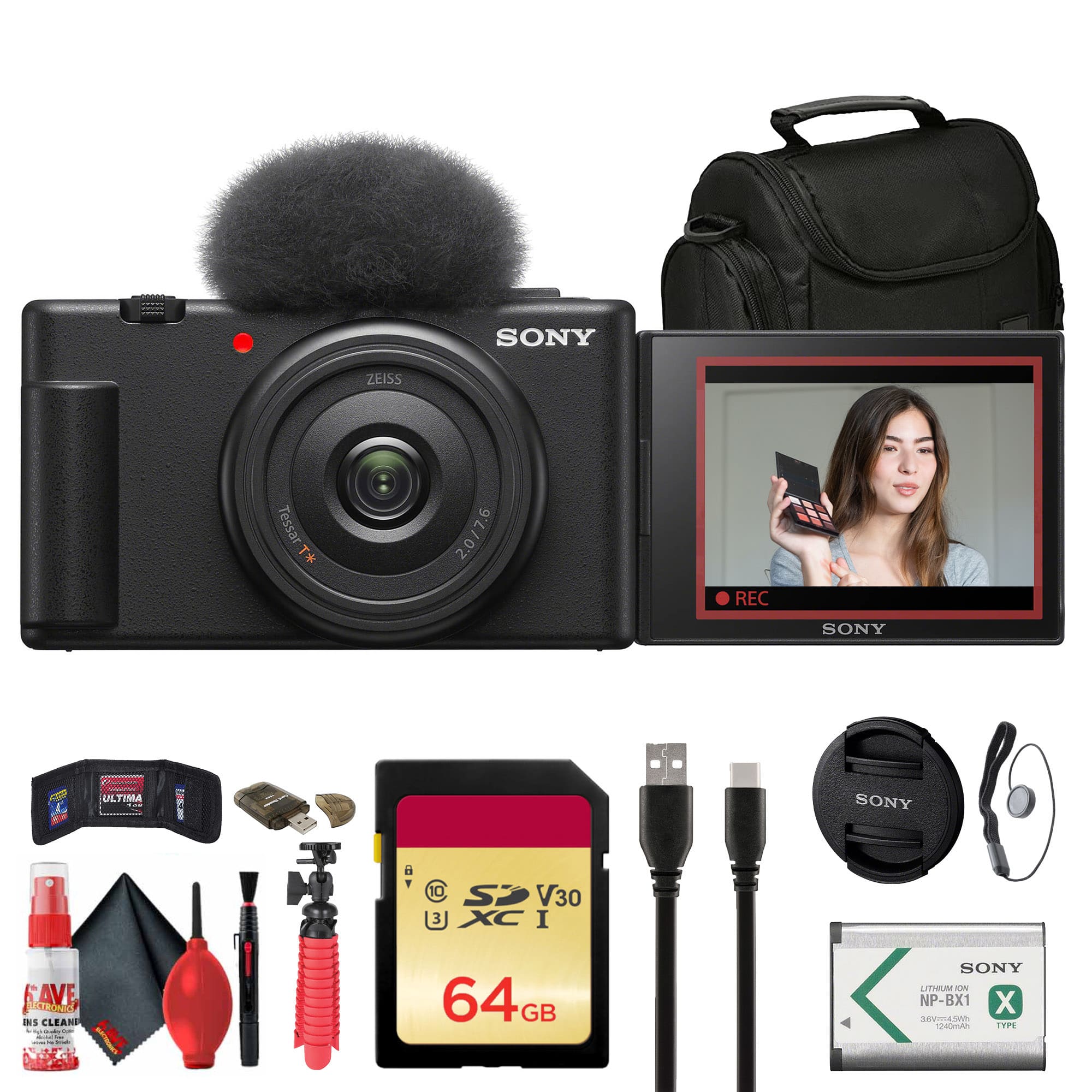 Sony - ZV-1F Vlogging Camera (ZV1F/B) + Case + 64GB Card + Tripod + More - Black