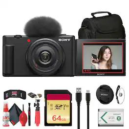 Bundle - Sony - ZV-1F Vlogging Camera (ZV1F/B) + Case + 64GB Card + Tripod + More - Black