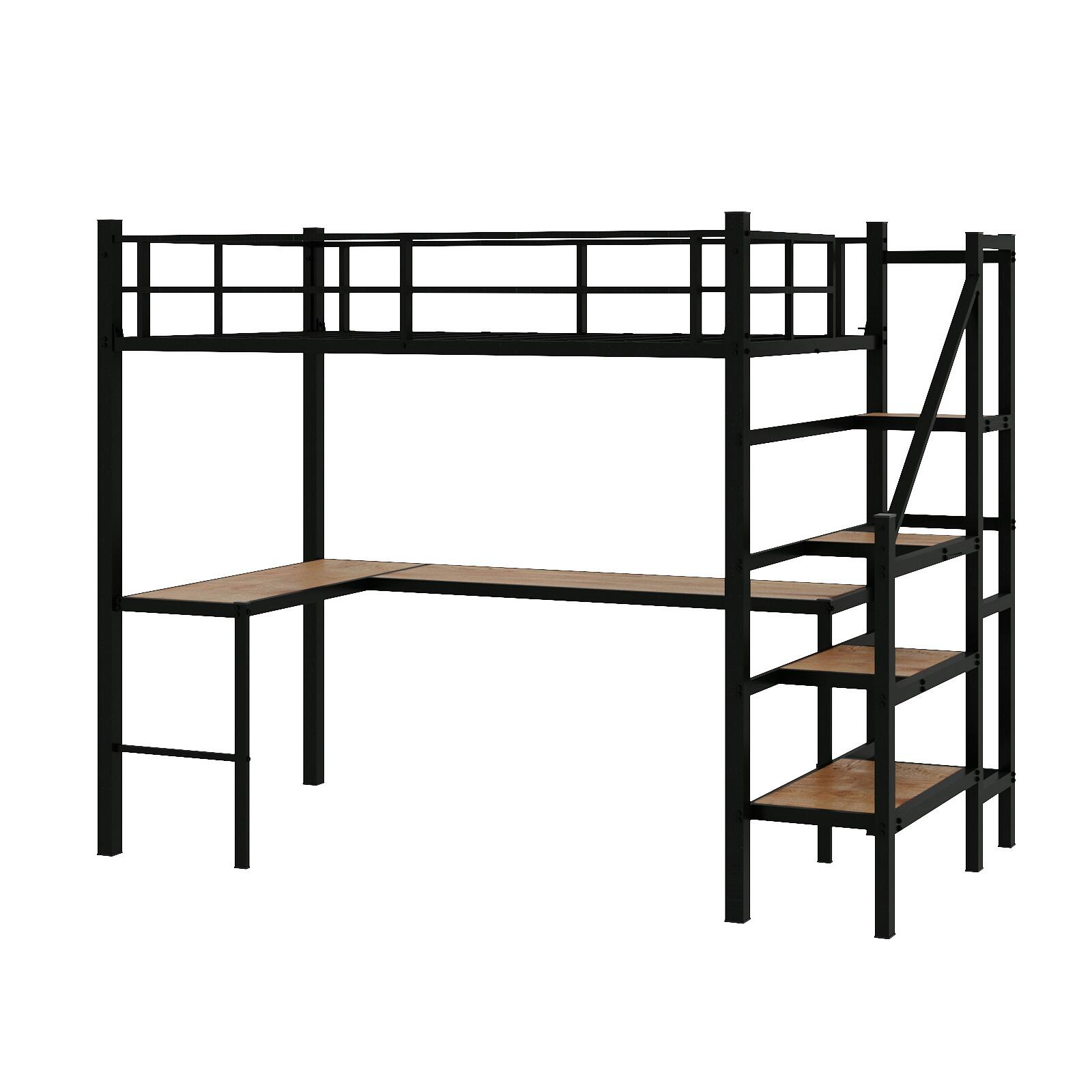Alt View 10. Loheer - Loheer Black Metal Twin Loft Bed with Desk Space Saving Iron and Wood Multifunctional Frame - Black.