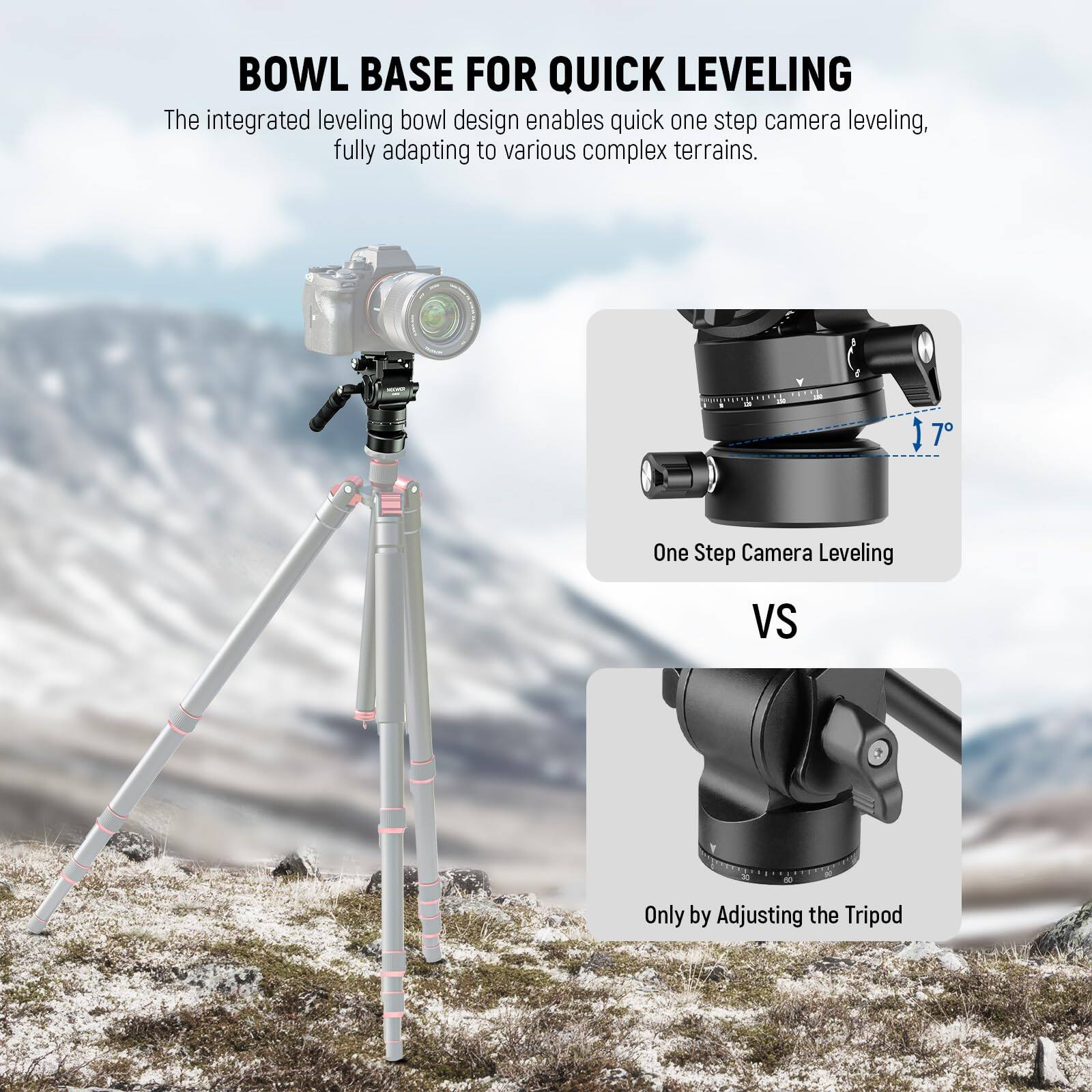BOWL BASE FOR QUICK LEVELING

The integrated leveling bowl design enables quick one step camera leveling, fully adapting to various complex terrains.

17° One Step Camera Leveling

VS

Only by Adjusting the Tripod