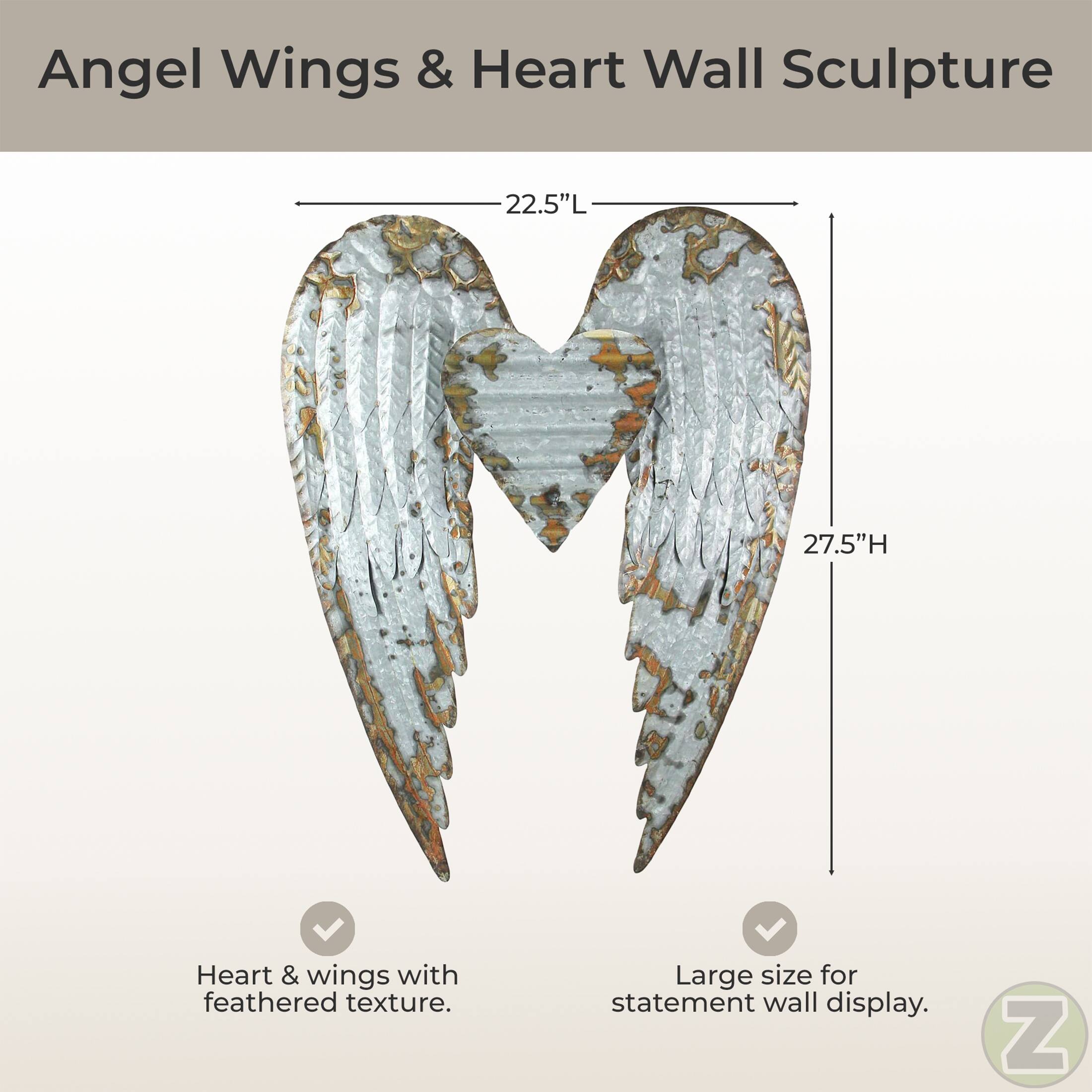 Angel Wings & Heart Wall Sculpture  
22.5"L x 27.5"H  
Heart & wings with feathered texture.  
Large size for statement wall display.