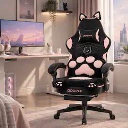 Dowinx - Cute Gaming Chair with Cat Ears and Paw Lumbar Seat Cushion, Ergonomic Computer Chair with Footrest & Headrest - Black pink