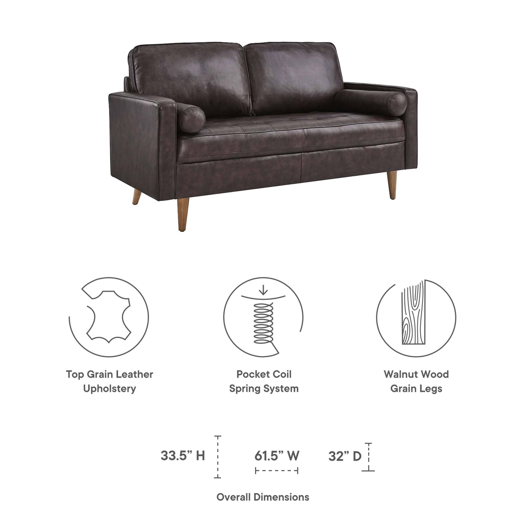Top Grain Leather Upholstery  
8000000 Pocket Coil Spring System  
Walnut Wood Grain Legs  

Overall Dimensions:  
33.5" H  
61.5" W  
32" D