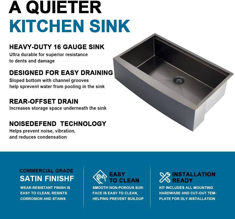 A Quieter Kitchen Sink

Heavy-Duty 16 Gauge Sink
Ultra durable for superior resistance to dents and damage

Designed for Easy Draining
Sloped bottom with channel grooves help prevent water from pooling in the sink

Rear-Offset Drain
Increases storage space underneath the sink

NoiseDefend Technology
Helps prevent noise, vibration, and reduces condensation

Commercial Grade Satin Finish
Wear-resistant finish is easy to clean, resists corrosion and stains

Easy to Clean
Smooth non-porous surface is easy to clean, helping prevent buildup

Installation Ready
Kit includes all mounting hardware and cut-out template for DIY installation