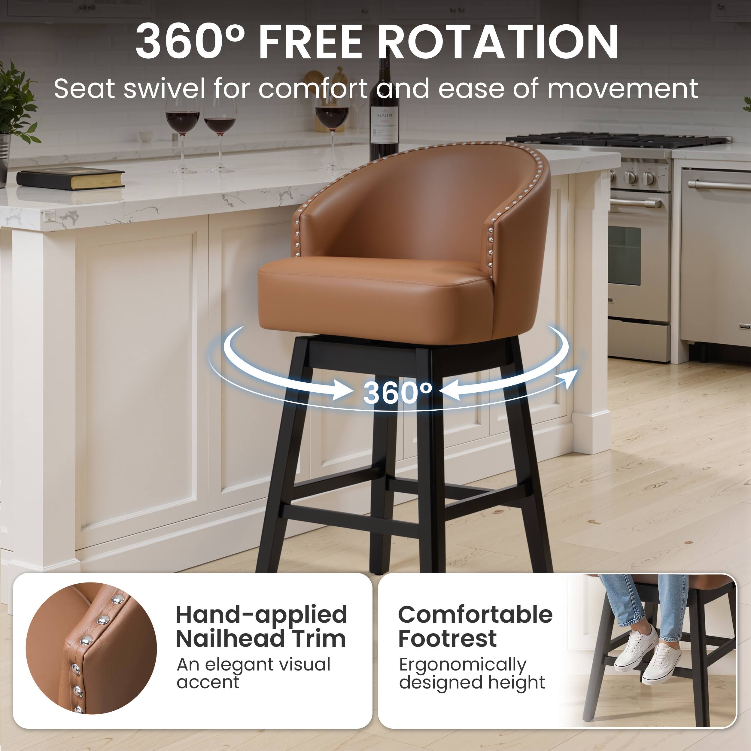 360° FREE ROTATION  
Seat swivel for comfort and ease of movement

Hand-applied Nailhead Trim  
An elegant visual accent

Comfortable Footrest  
Ergonomically designed height