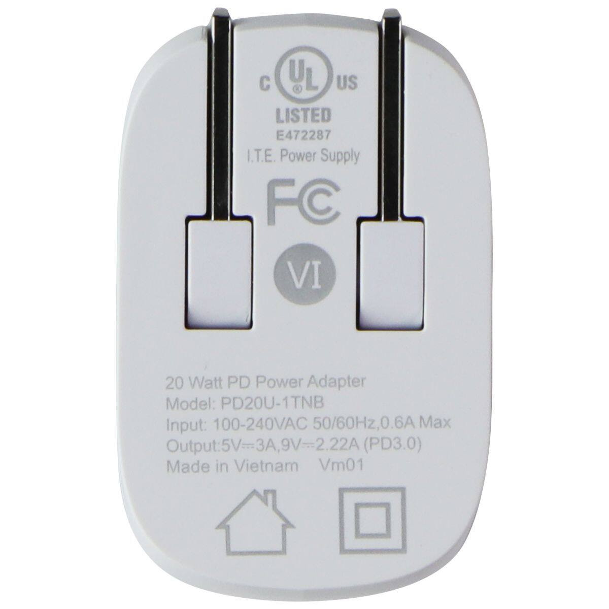 YL US LISTED E472287 I.T.E. Power Supply FC VI

20 Watt PD Power Adapter Model: PD20U-1TNB
Input: 100-240VAC 50/60Hz, 0.6A Max
Output: 5V=3A, 9V=2.22A (PD3.0)
Made in Vietnam Vm01