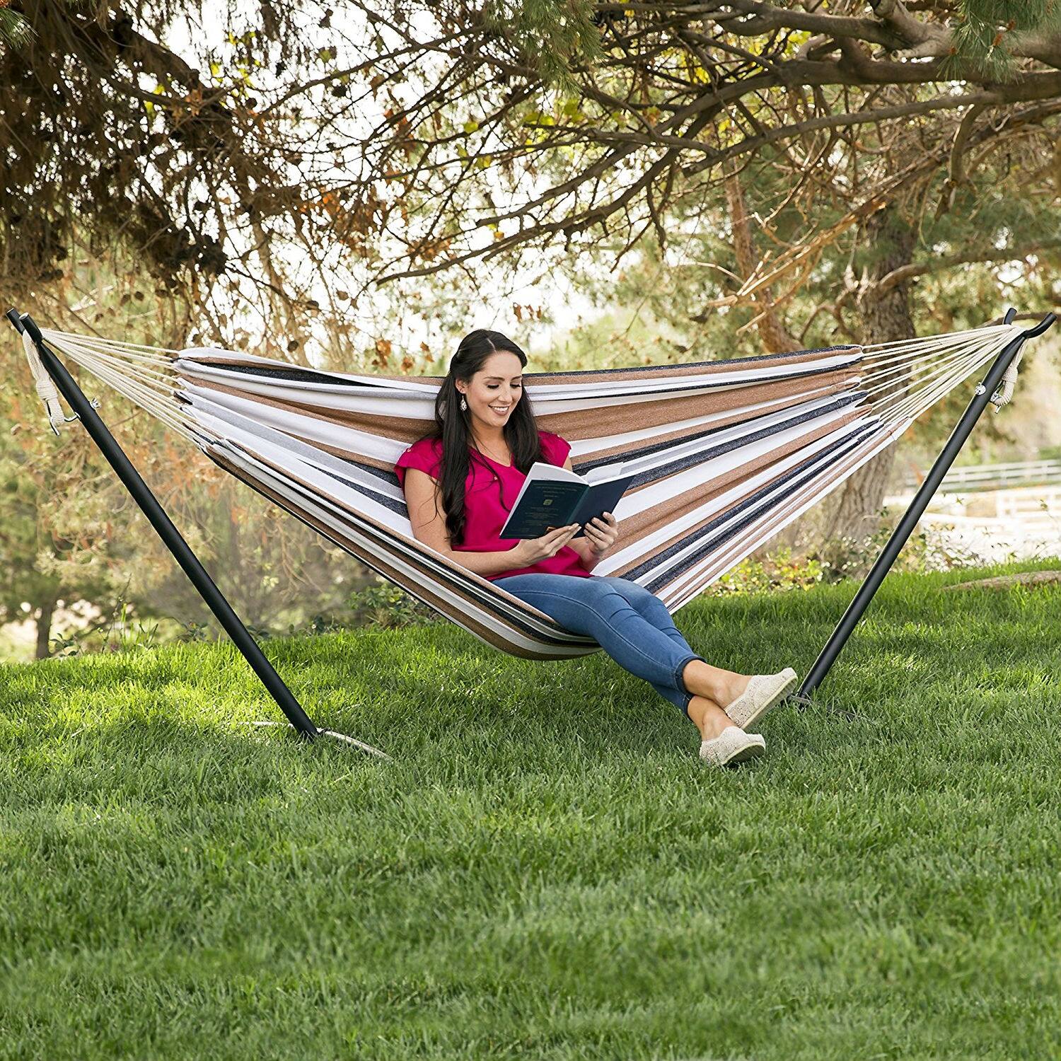 Angle. Hivvago - Portable Cotton Hammock in Desert Stripe with Metal Stand and Carry Case - Multicolor.