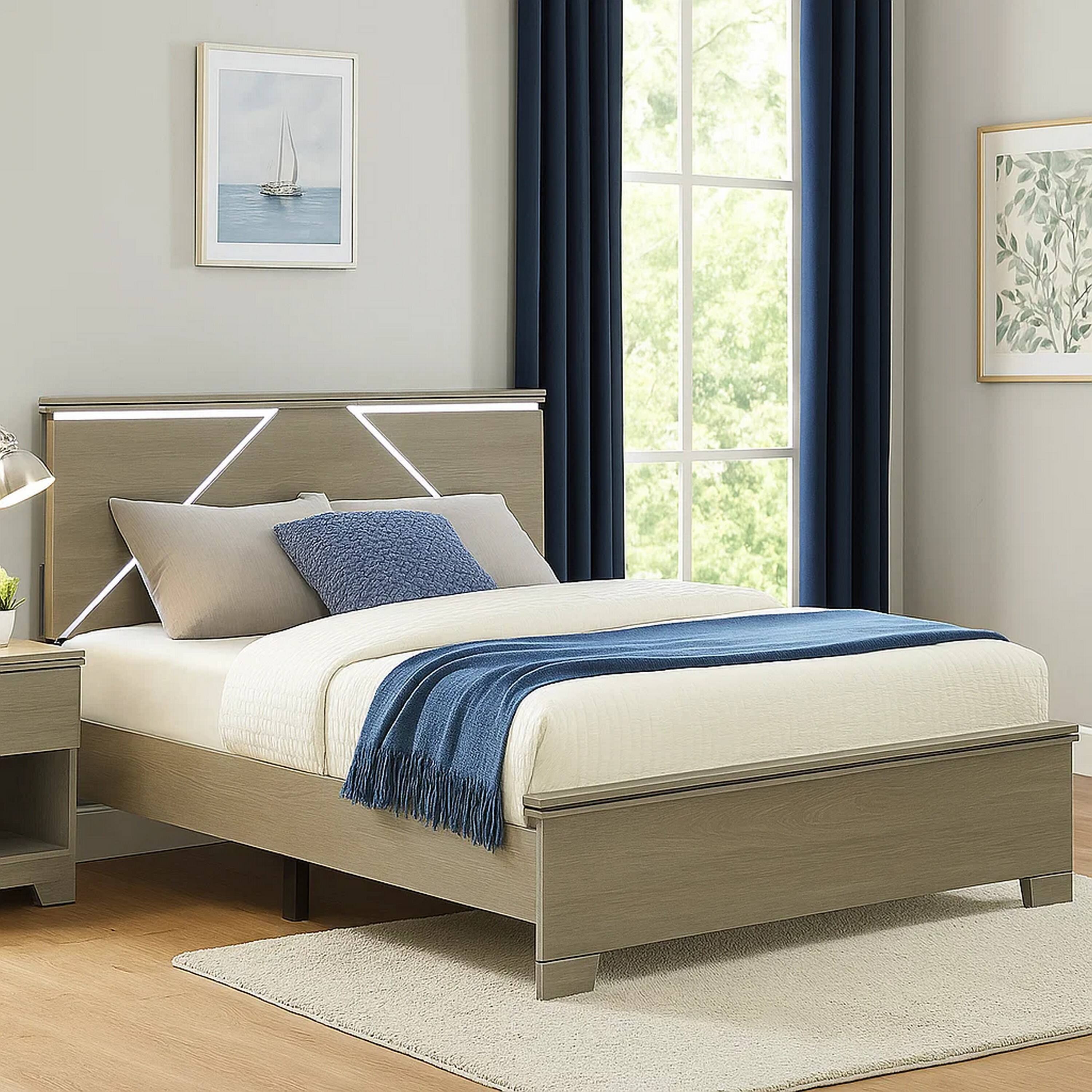 Alt View 5. Manhattan Lane - Anna Queen Bed, Panel Headboard with LED, Weathered Gray Wood, Modern Style - Gray, Black.