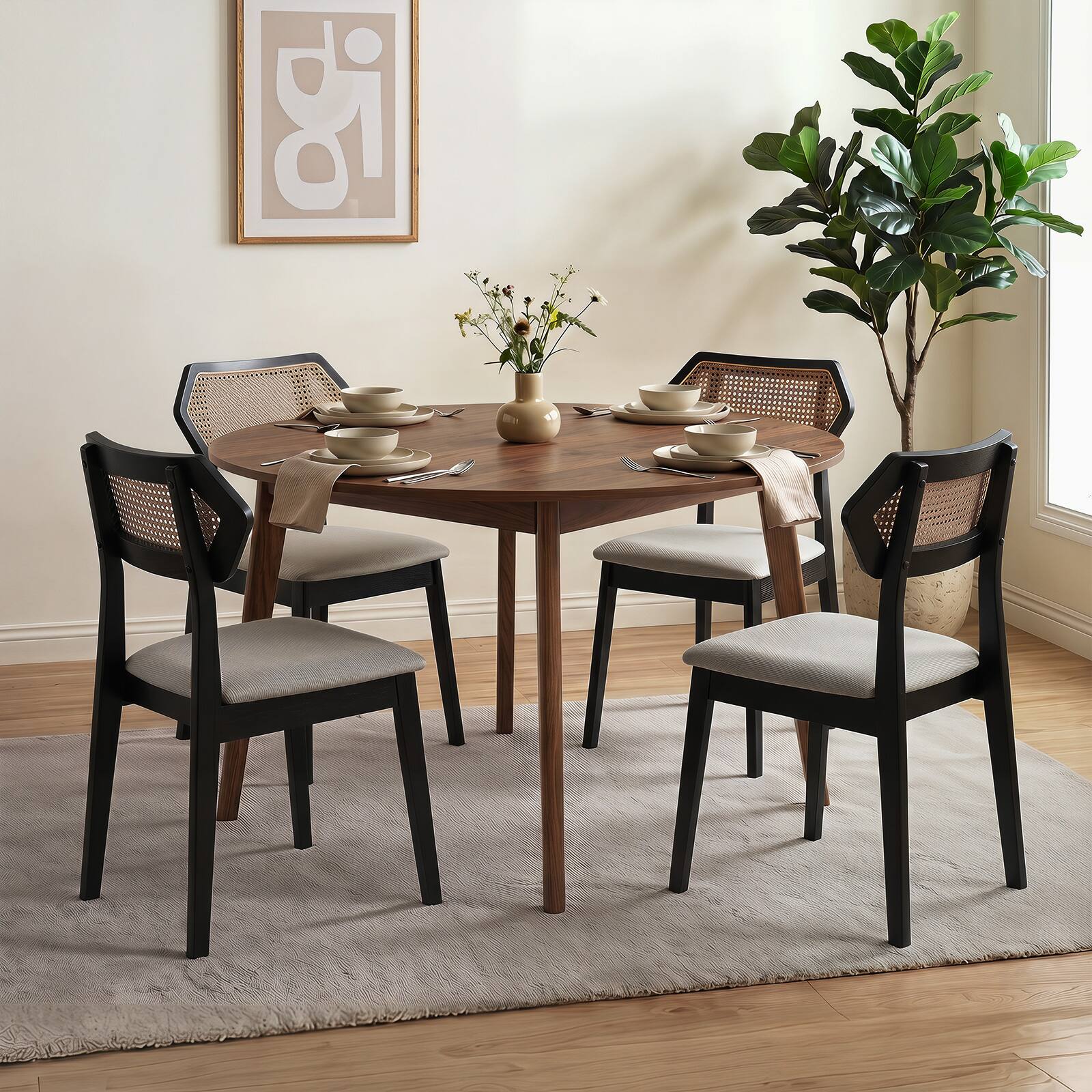 Alt View 3. Costway - Costway 2 PCS Rattan Dining Chairs, Upholstered Kitchen Chairs with Rattan Back & Wood Frame - Black.