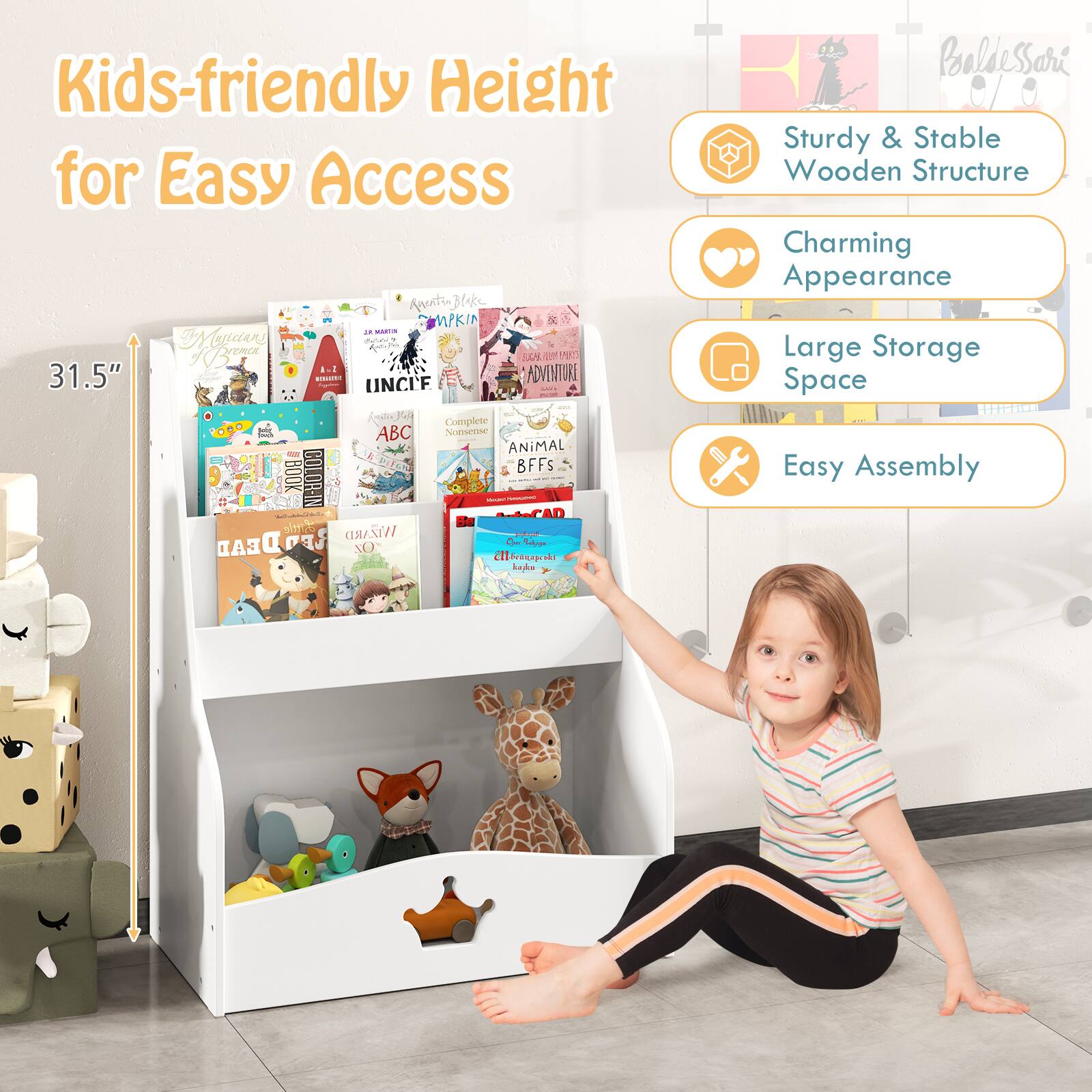 Kids-friendly Height for Easy Access | Sturdy & Stable Wooden Structure | Charming Appearance | Large Storage Space | Easy Assembly | Agentie Bks MPKIN - -. -  SCN  3 per  .-1 31.5"  UNCIF ADVENTORE - i I I id s0sm ABC Nmsrtter -d ANiMAL ADC 8FFS BOOK COLOR-IN - - | | - AD Birttle WIZARD FODEAD LF NO   abeki Laa BroldeSari