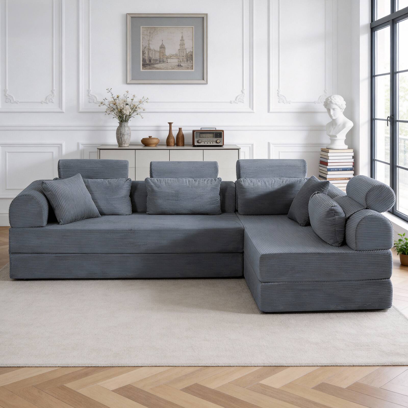 Back. Anysun - L-Shape Corduroy Modular Sectional Sofa - Minimalist Compressed Design, Unfolds into Bed, Space-Efficient - Dark Grey.