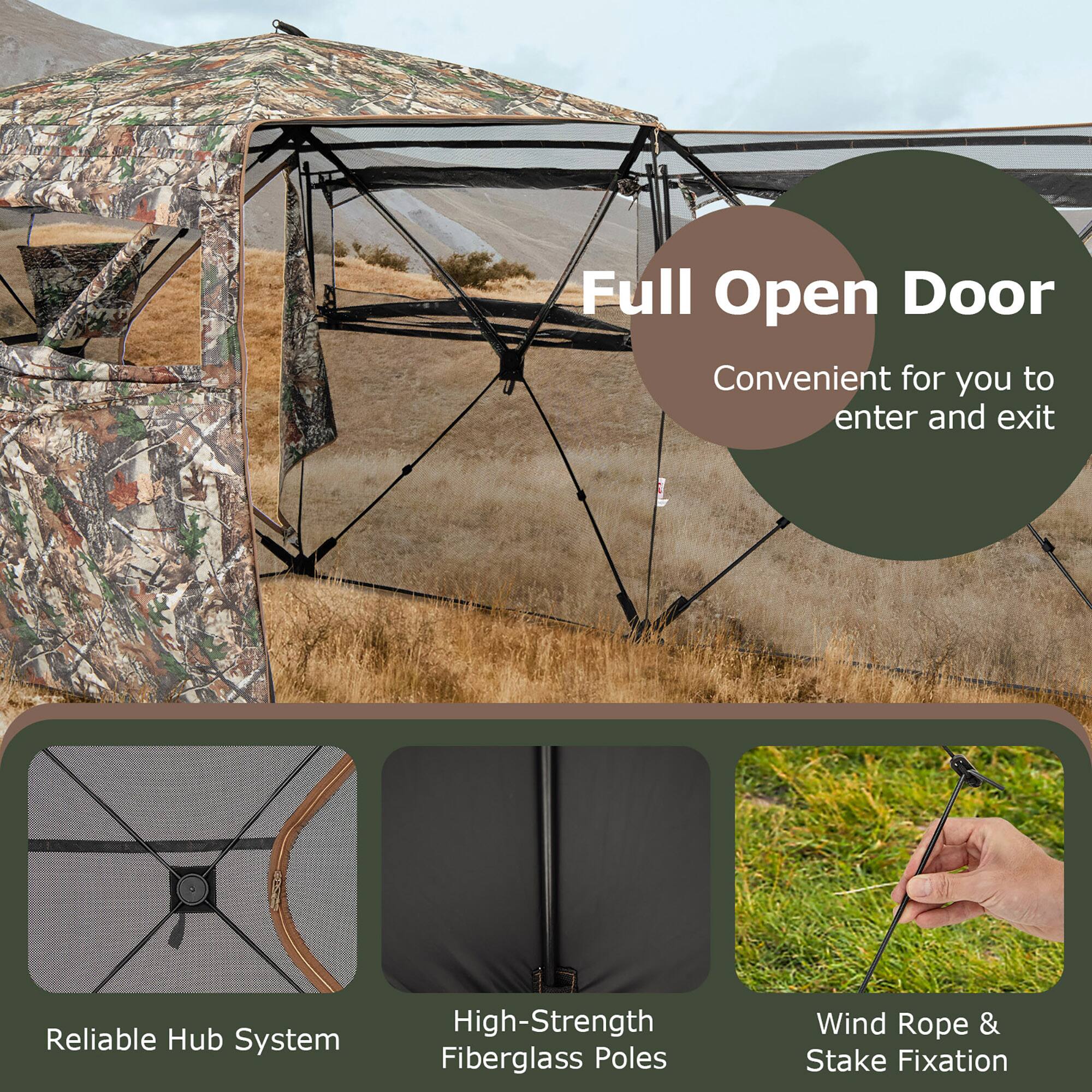 - Full Open Door
  - Convenient for you to enter and exit

- Reliable Hub System

- High-Strength Fiberglass Poles

- Wind Rope & Stake Fixation