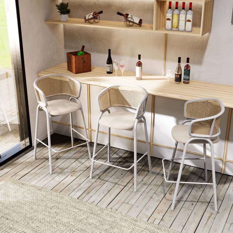 Alt View 1. LeisureMod - Ervilla Wicker Bar Stool with Fabric Seat, Mid-Century Modern Counter Height Stool with White Steel Frame - White.