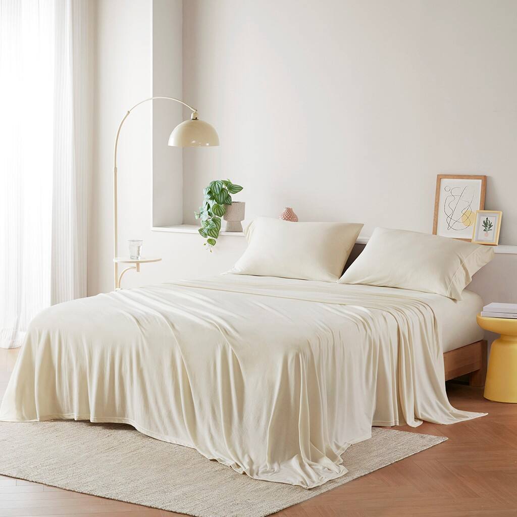 Alt View 1. Gracie Mills - Gracie Mills Atlas All-Season Cotton Blend Jersey Knit Sheet Set - Cream.