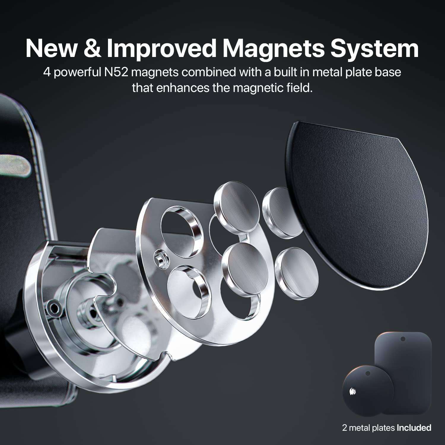 New & Improved Magnets System  
4 powerful N52 magnets combined with a built-in metal plate base that enhances the magnetic field.  
2 metal plates Included