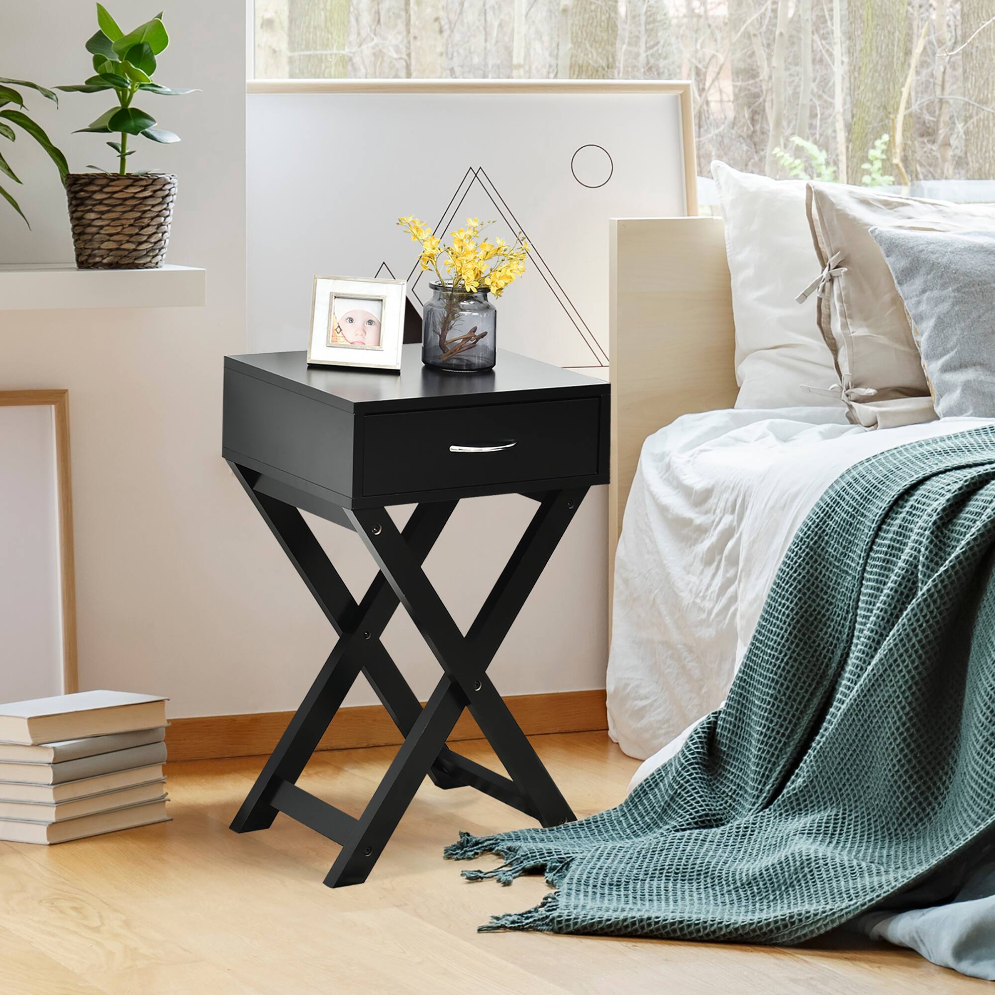 Alt View 13. Costway - Nightstand x-Shape Drawer Accent Side End Table Modern Home Furniture - Black.