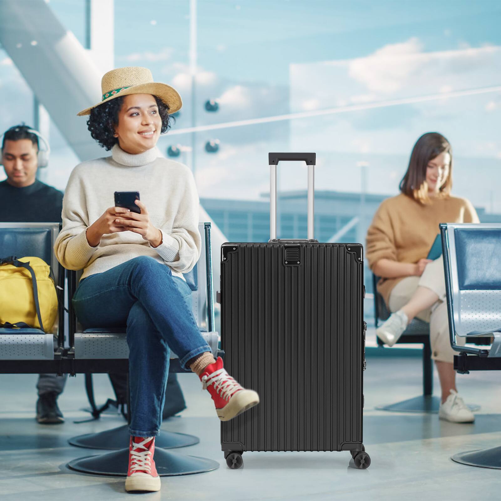Alt View 2. Oumilen - 2 Piece Black Aluminum Frame Luggage Set – 20" Carry On + 28" Checked, Spinner Wheels with TSA Lock - Black.
