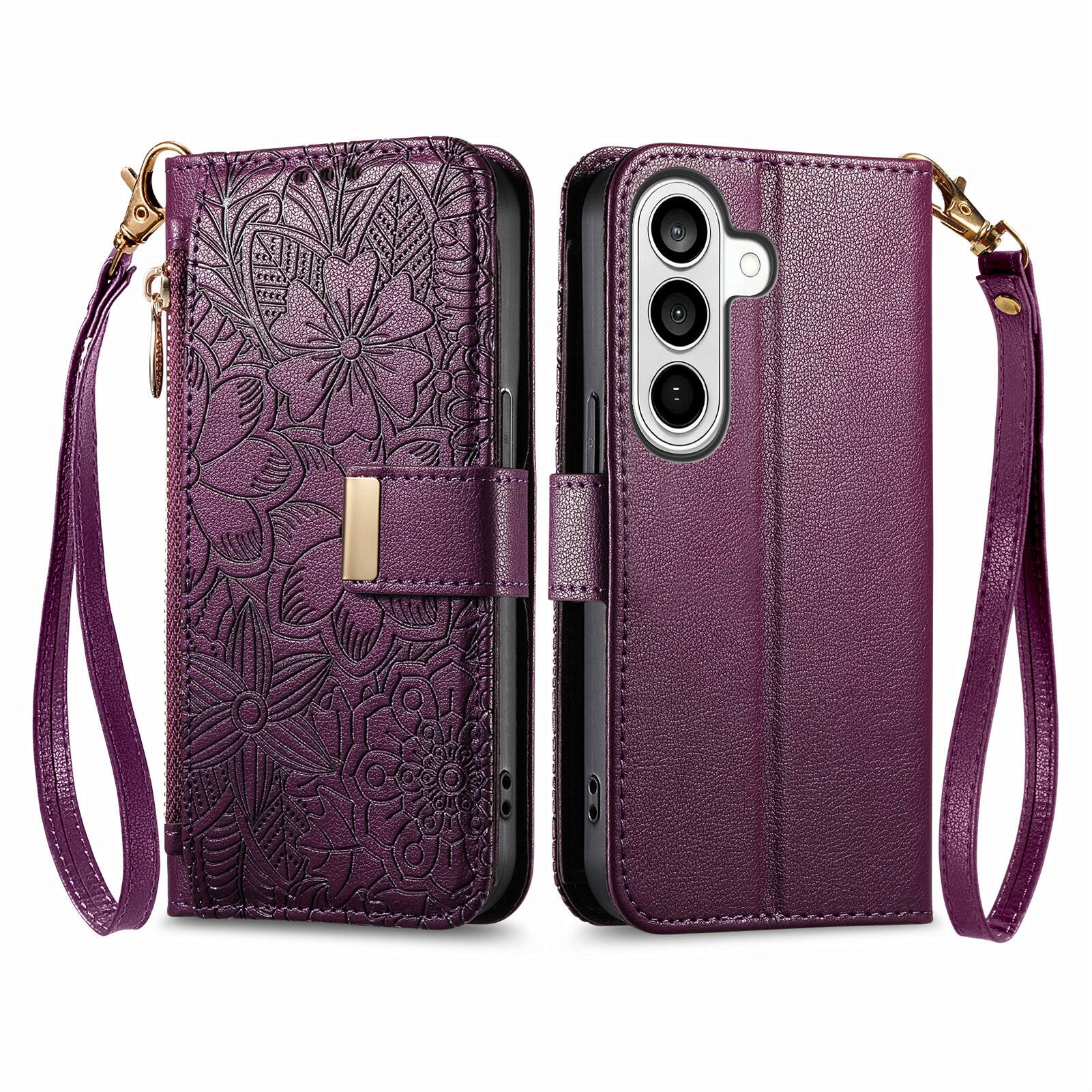Angle. UUCOVER - Floral PU Leather Wallet Case for Samsung Galaxy S26+ with Zipper Pocket, Cash Card Slot Holder, Shoulder & Wrist Strap - Purple.