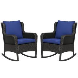 Outsunny - Outdoor Wicker Rocking Chair Set of 2 with Wide Seat, Thick Cushions, Rattan Rockers with Steel Frame - Dark Blue