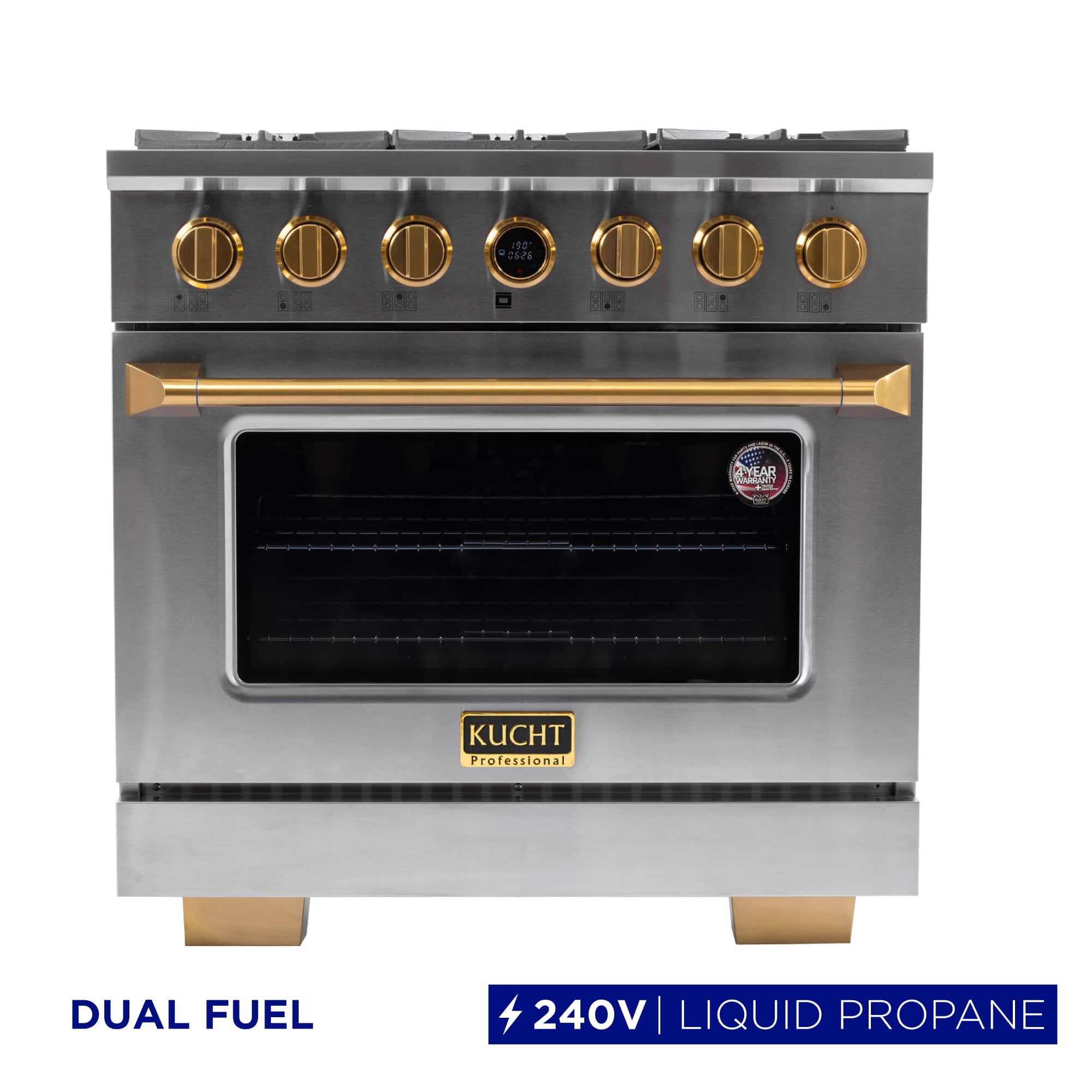 36 in. 5.2 cu. ft. Dual Fuel Range, 6 Burners, LP, SS w/ Gold Accents, Kucht Horus Thermostat - Stainless Steel & Gold