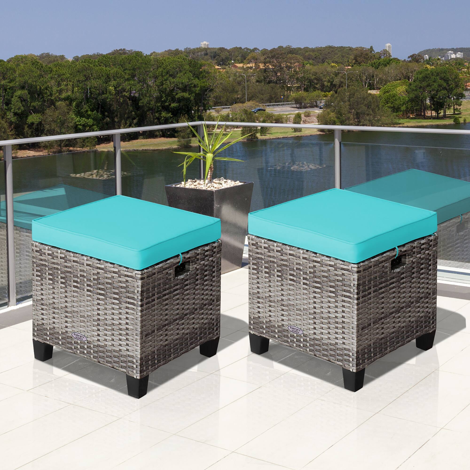 Alt View 1. Costway - Costway 2PCS Patio Rattan Cushioned Ottoman Seat  Foot Rest Table - Turquoise.