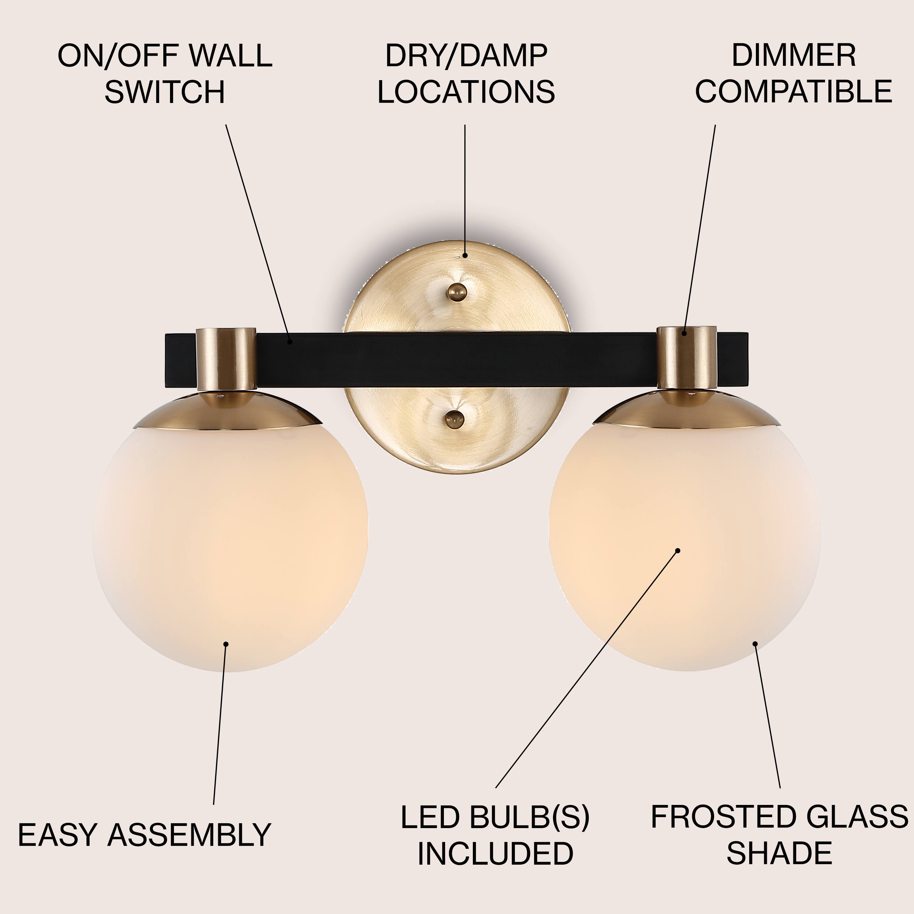 ON/OFF WALL SWITCH  
DRY/DAMP LOCATIONS  
DIMMER COMPATIBLE  
EASY ASSEMBLY  
LED BULB(S) INCLUDED  
FROSTED GLASS SHADE