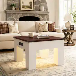 Aheaplus - Square Coffee Table with Charging Station and LED Lights for Living Room - White & Walnut