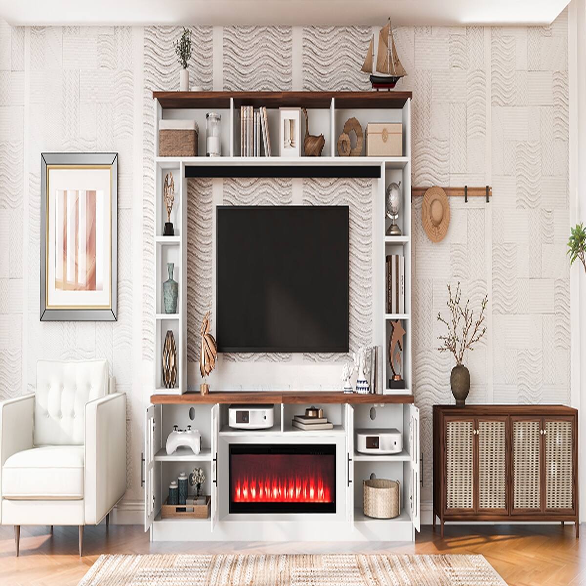 Left. Loheer - Loheer 95.5" Entertainment Center for 80 Inch TV with Electric Fireplace, White and Walnut - White+Walnut.