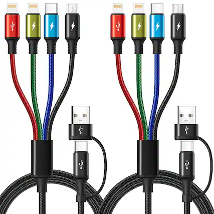 Front. PARKER SLATER - 6-in-1 Multi Charging Cable (2 Pack, 6FT), Universal Nylon Braided USB-A/USB-C to Lightning/Type-C/Micro USB Charger Cor - BLACK.