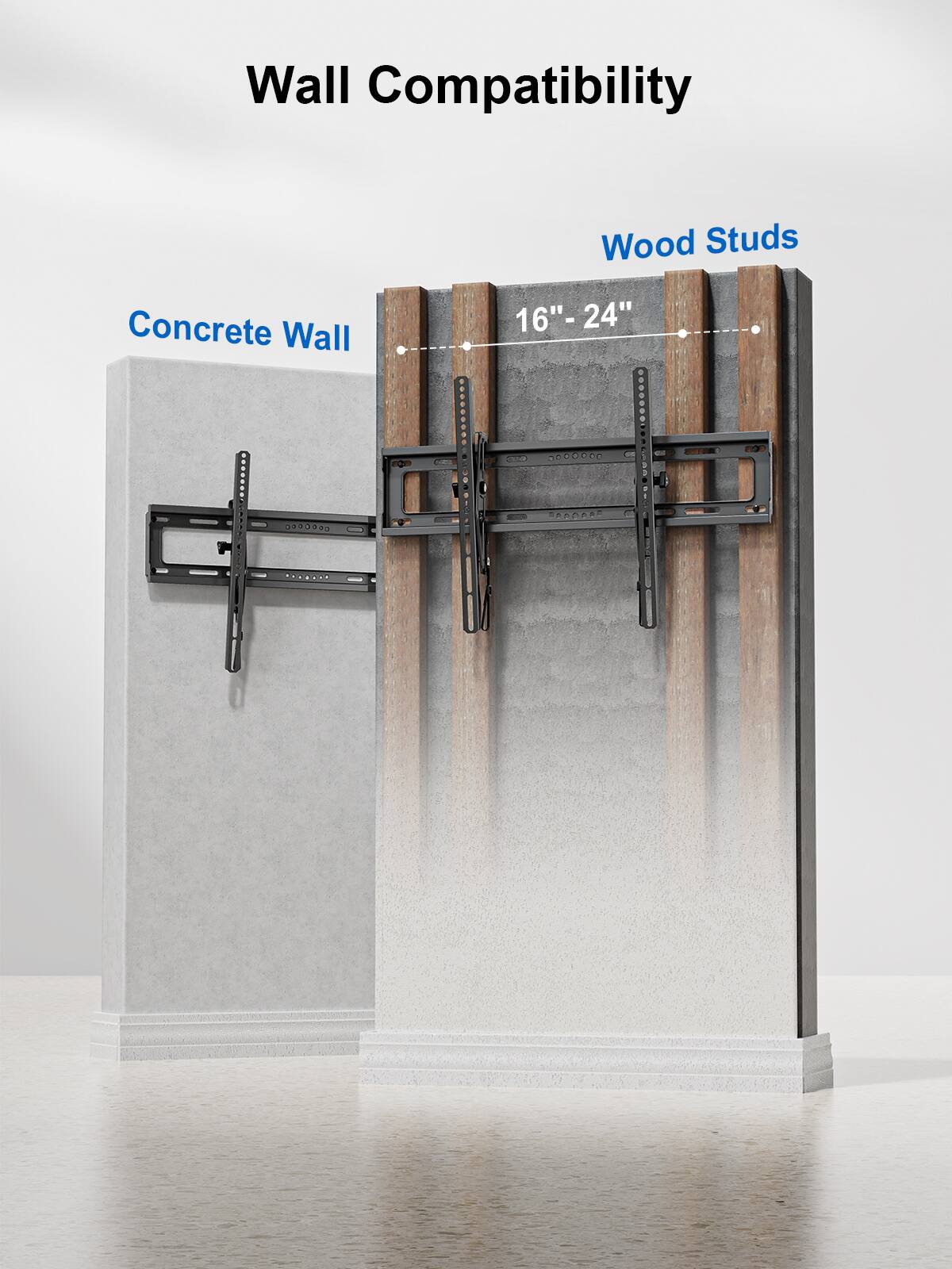 Wall Compatibility

Concrete Wall

Wood Studs

16" - 24"